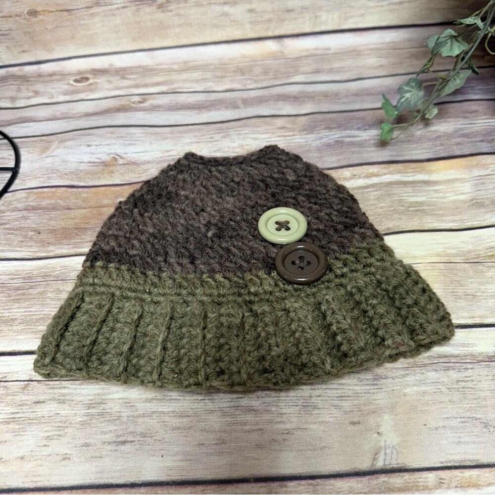 Stylish Knit Women's Beanie with Buttons - Olive and Chocolate Messy Bun